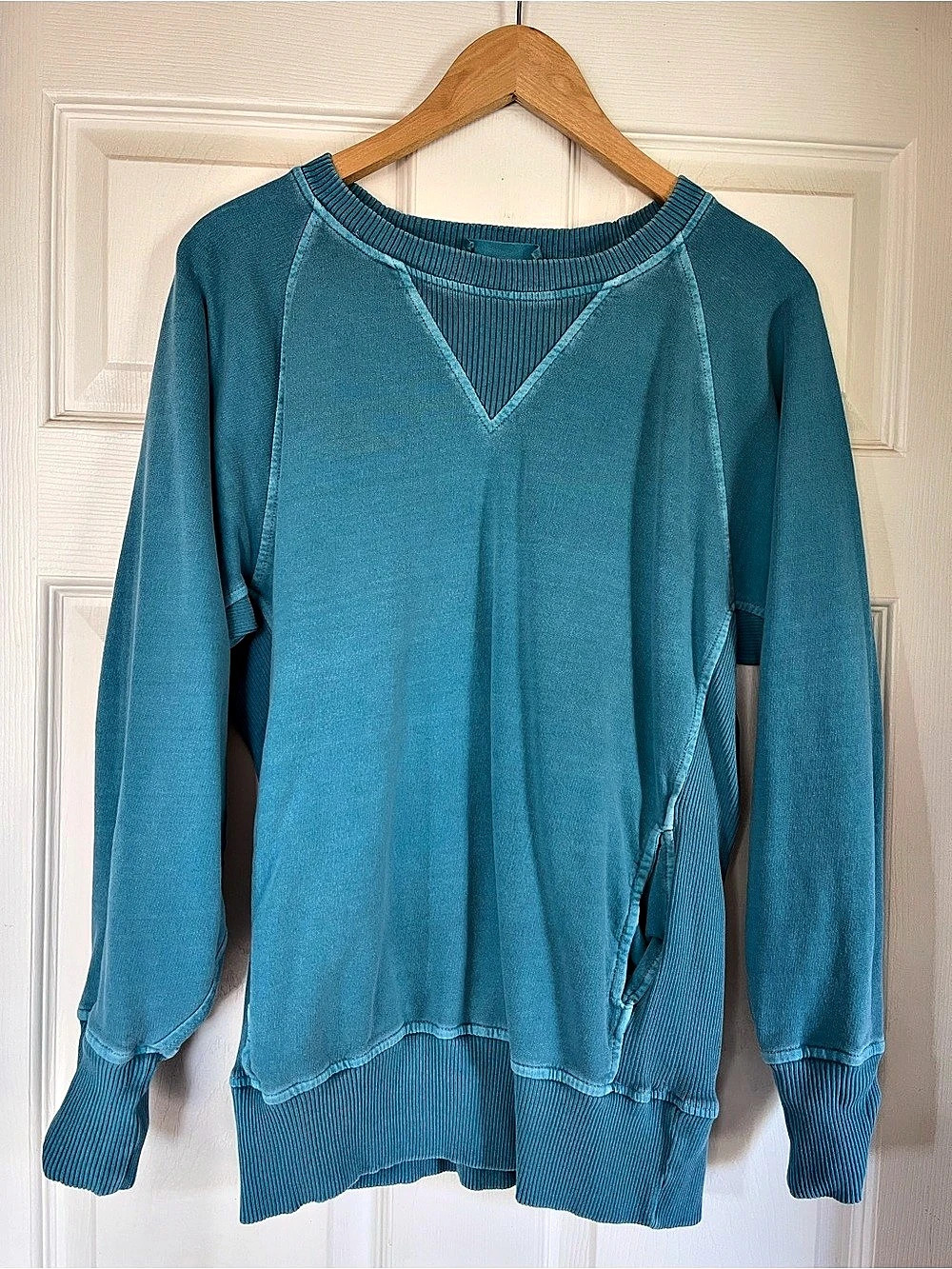 ZENANA French Terry Acid Wash Raw Edge Front Pocket Pullover Blue Small
